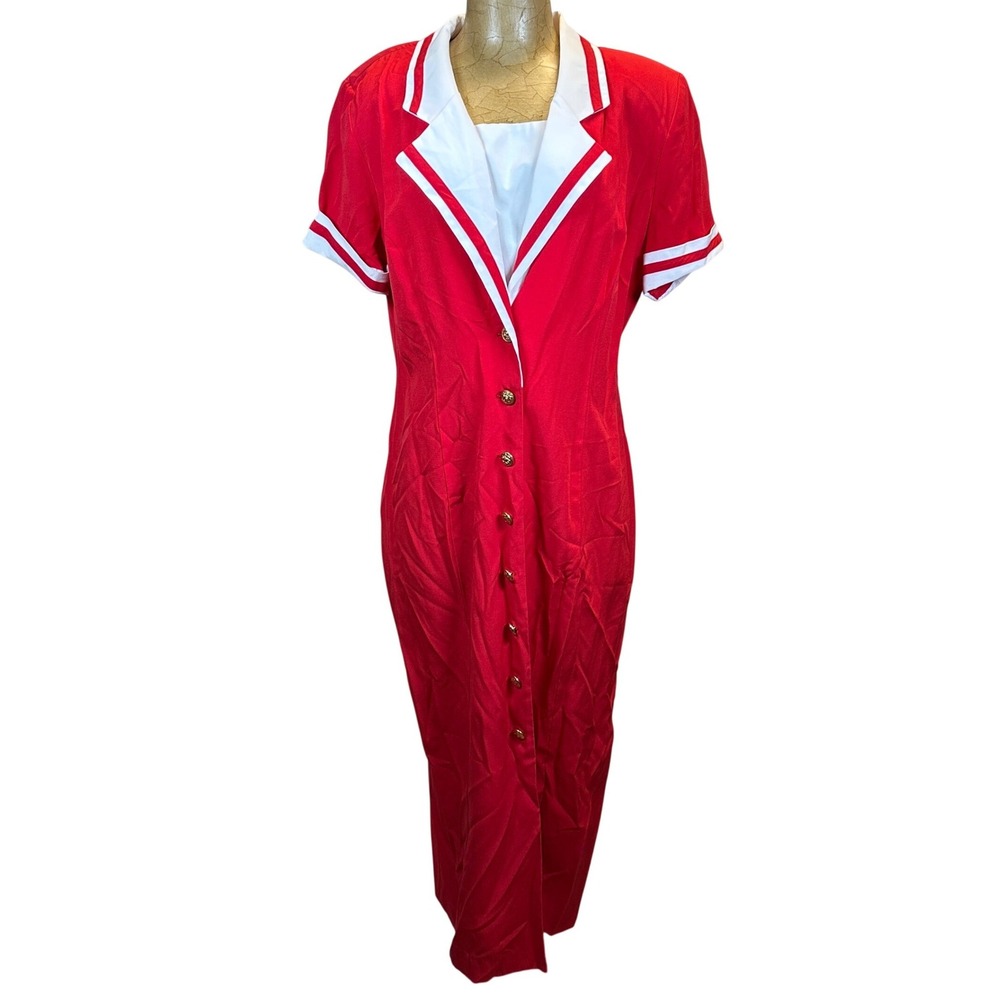 Karlie & Company Vintage Red Sailor Maxi Dress Nautical Gold Buttons Size 13/14